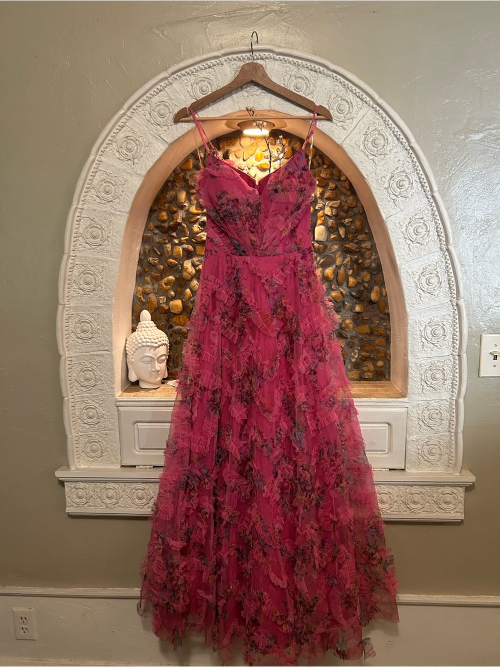 Stacees Pink Floral Ruffle Prom Gown
